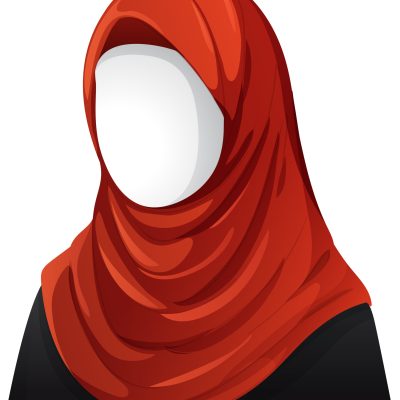 Minimalist vector illustration of woman wearing red hijab, faceless, with smooth shading and highlights